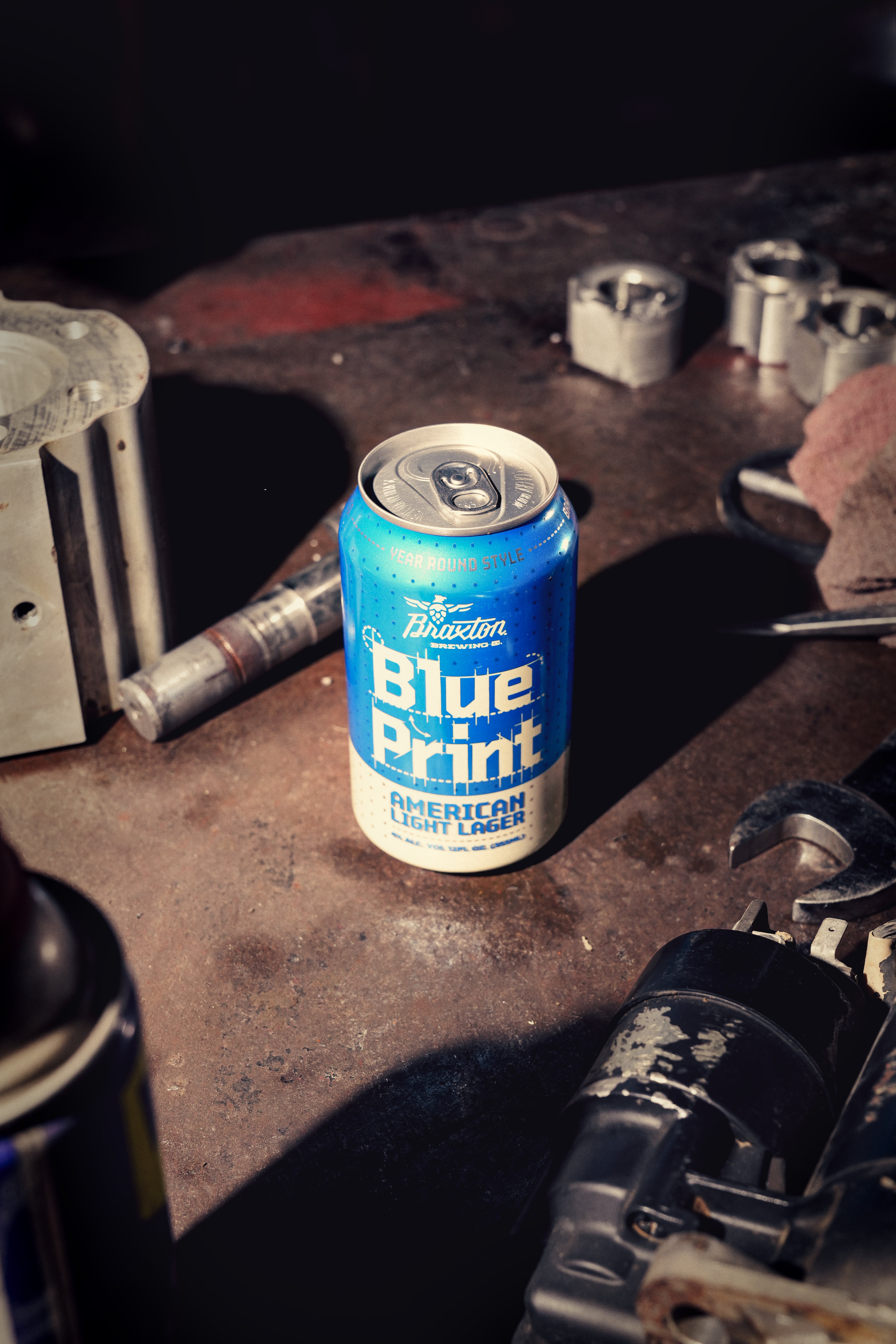 Blue Print can on a workbench